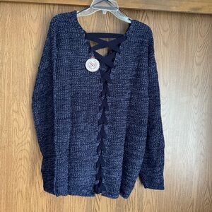 So marled Women's Navy V-Neck Sweater with Lace-Up Detail